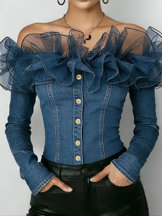 Tops - Denim Off-Shoulder Ruffle Button-Front Top - Blue